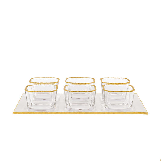 VG220 – Glass Tray with 6 Bowls – Clear Square Design with Elegant Gold Rim