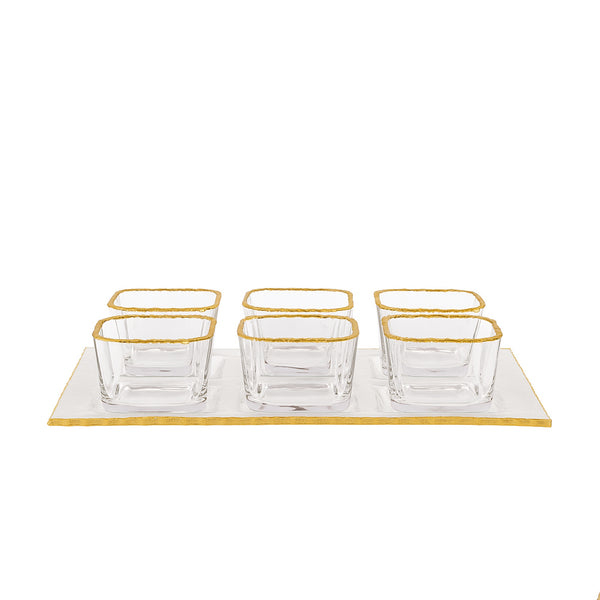 VG220 – Glass Tray with 6 Bowls – Clear Square Design with Elegant Gold Rim