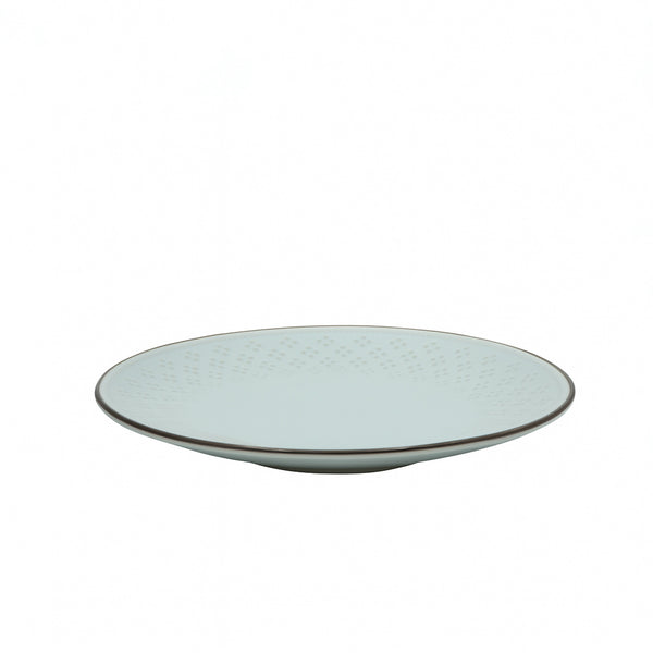 99579-10 – Ceramic Plate – 11 Inches – Light Aqua with Embossed Border and Brown Rim