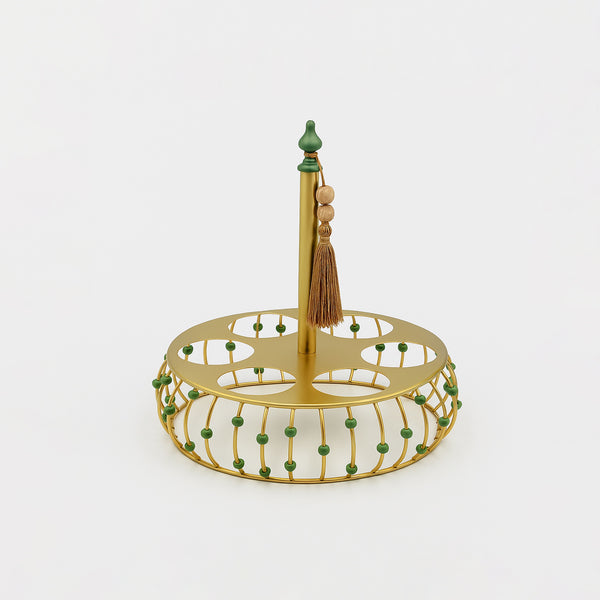 25236-80 – Metal Cup Holder – 20cm (D) – Gold with Green Bead Accents