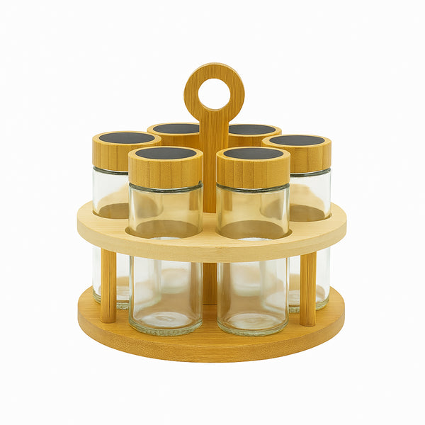 24QMJ-14 – Spice Jar Set – 6 Glass Jars with Bamboo Lids & Round Wooden Stand