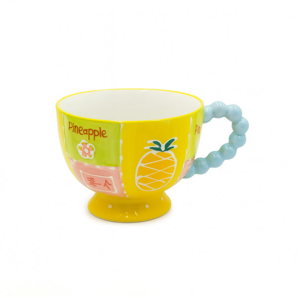 1516-10 Ceramic Mug – Yellow Pineapple Design with Blue Handle and Pedestal Base
