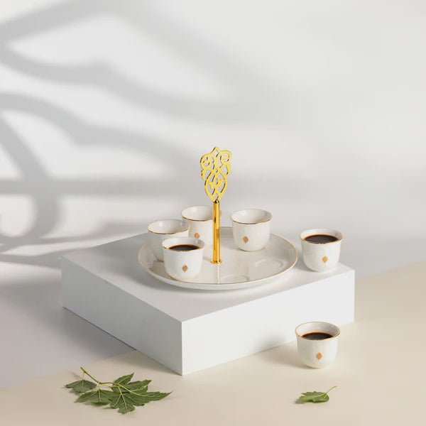 ET2965 Naqsh Cawa Cup Set with Stand & Handle – 7 Pieces – White & Gold