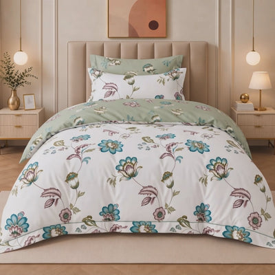 COMF SIDDIQ Cotton Printed-03 Single Comforter Set – 4 Pieces – White & Multicolor Floral