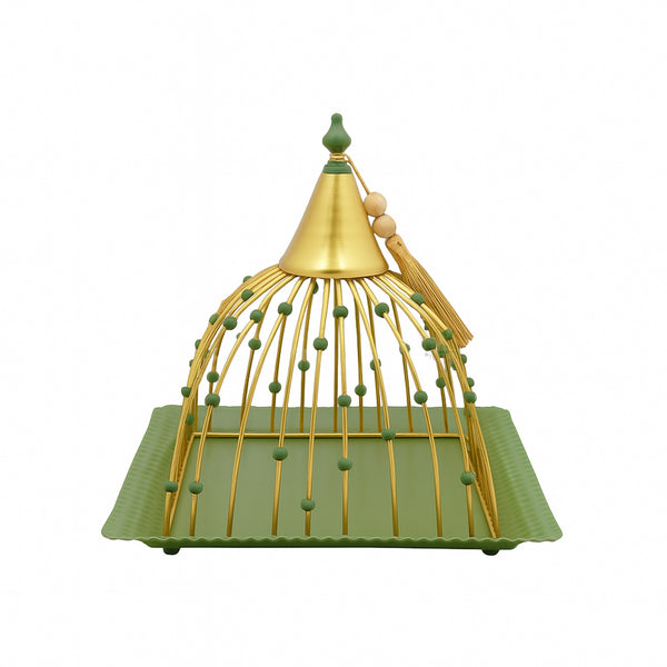 25236-75 – Fruit Tray with Lid – 25cm (L) x 25cm (W) – Green Square Base with Gold Dome