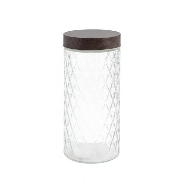 HMA10301 Glass Canister Jar – 2.2 L – Diamond-Cut Design with Dark Wood-Style Lid