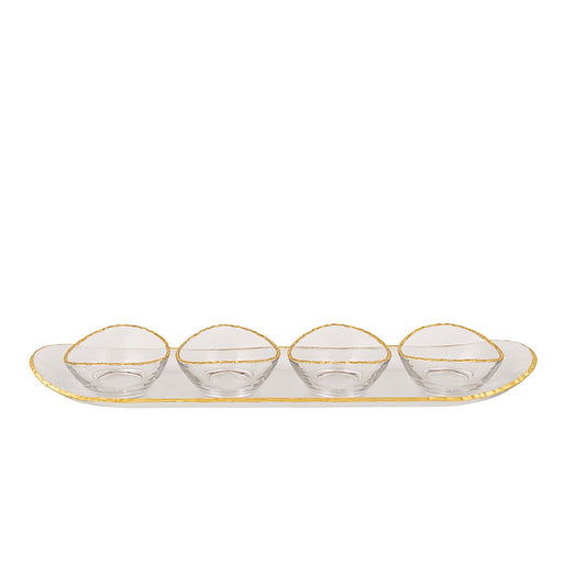 VG422 – Glass Tray with 4 Bowls – Clear Round Design with Elegant Gold Rim
