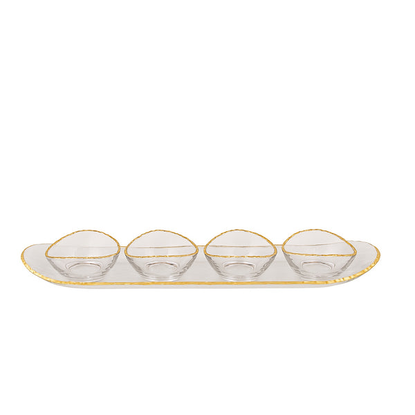 VG422 – Glass Tray with 4 Bowls – Clear Round Design with Elegant Gold Rim