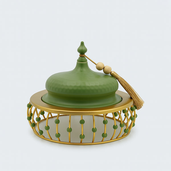 25236-84 – Fruit Tray with Lid – 18cm (D) – Green Dome with Gold Base