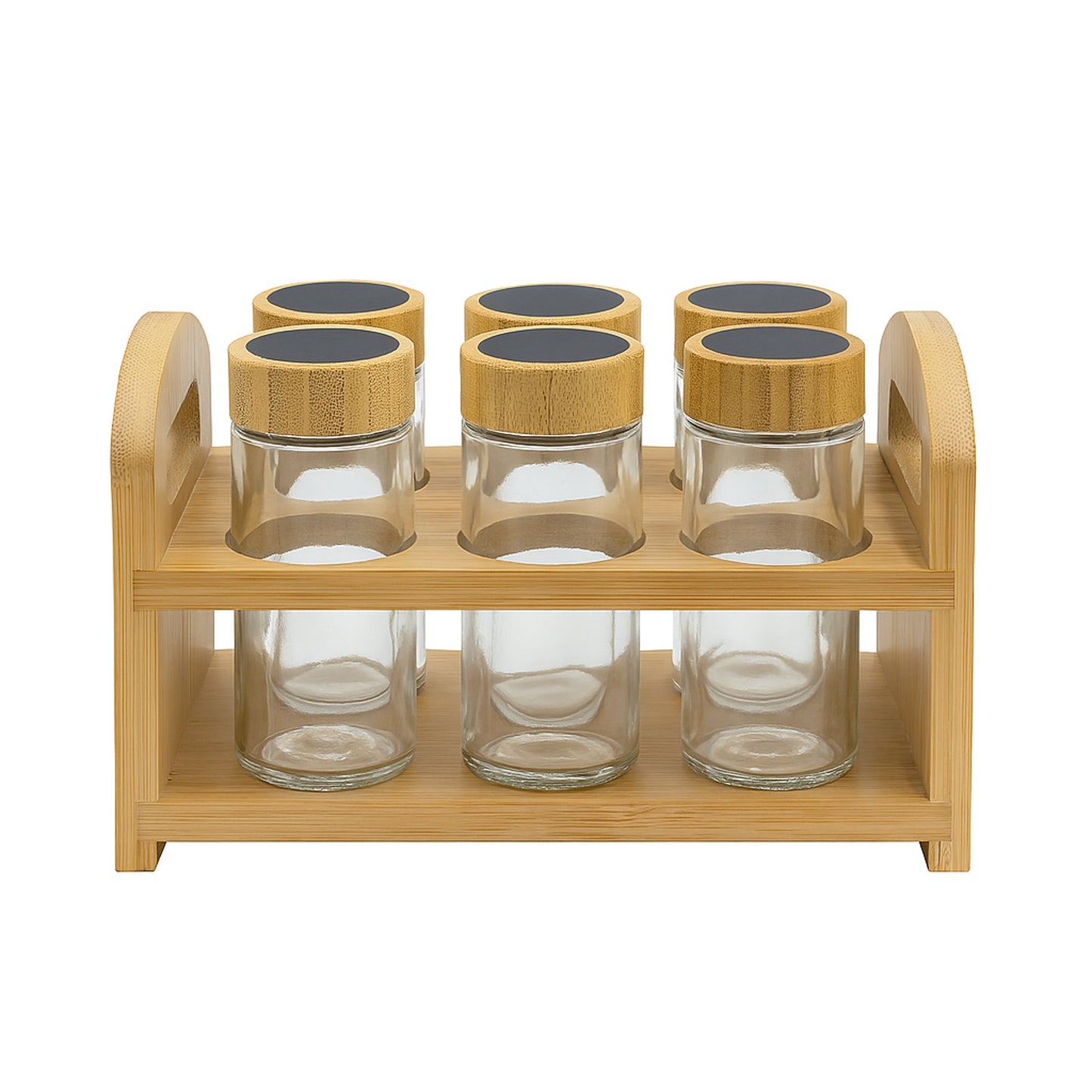 24QMJ-13 – Spice Jar Set – 6 Glass Jars with Bamboo Lids & Wooden Stand