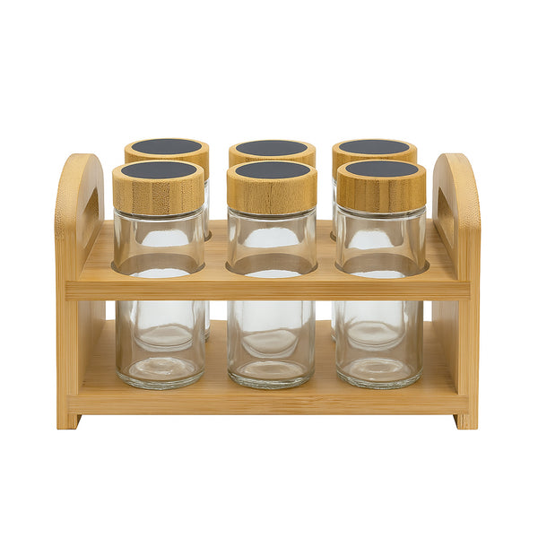 24QMJ-13 – Spice Jar Set – 6 Glass Jars with Bamboo Lids & Wooden Stand