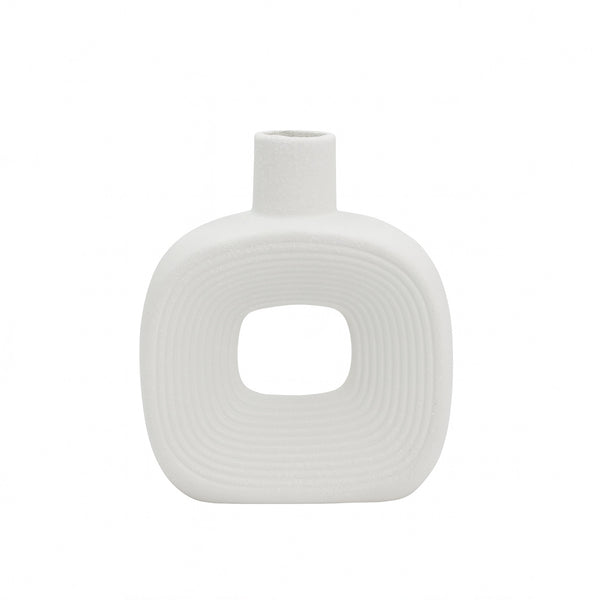 99601-07 Ceramic Flower Vase – Square Hollow Center Ribbed Design – White
