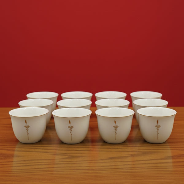 5861G Cawa Cup Set – 12-Piece Elegant White Design with Gold Floral Motif & Rim