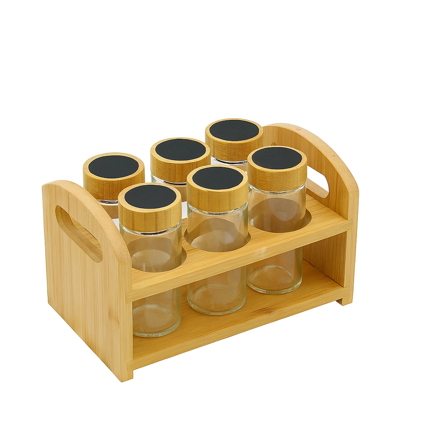 24QMJ-13 – Spice Jar Set – 6 Glass Jars with Bamboo Lids & Wooden Stand