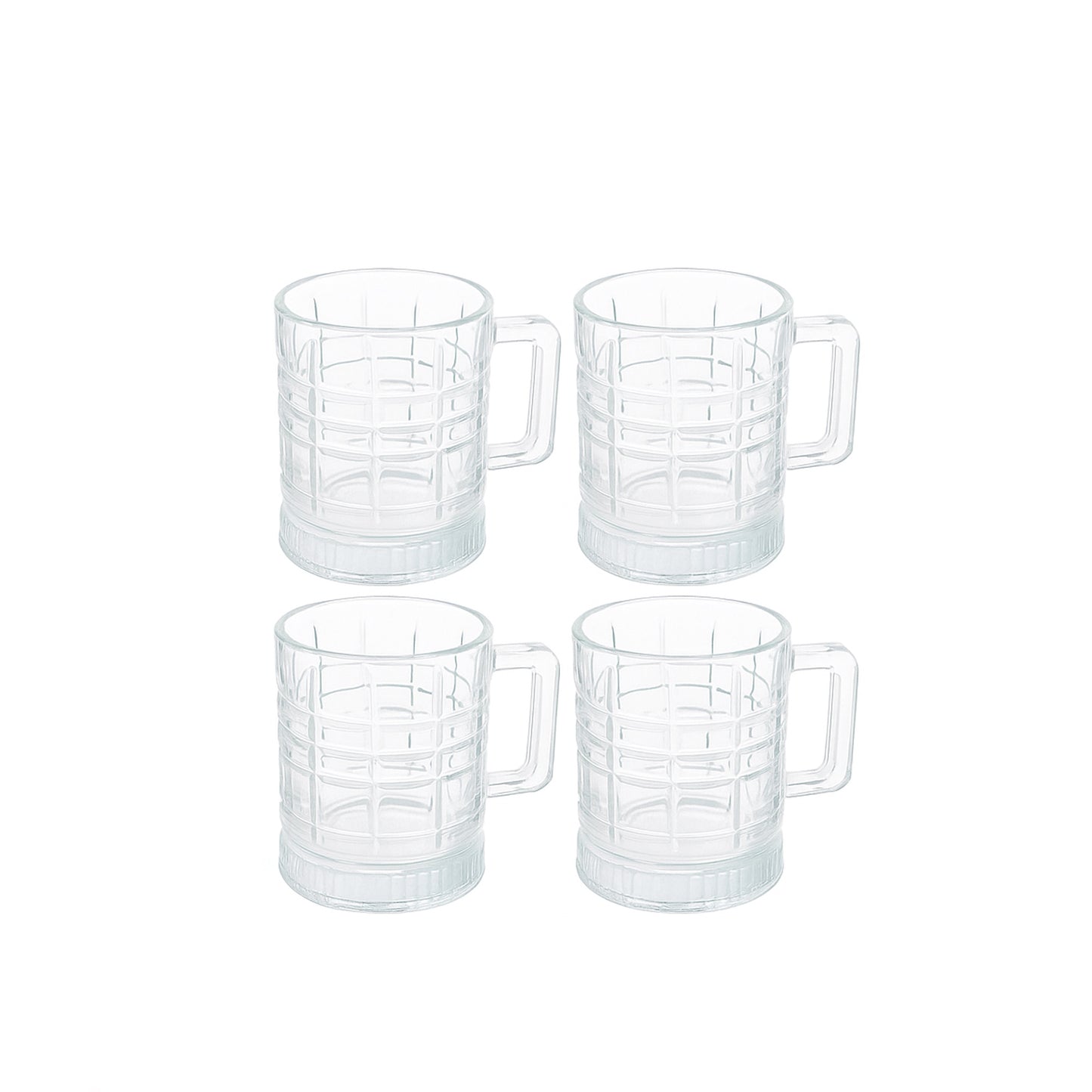2259 – Glass Tea Mug Set – 4 Pieces – 7cm Diameter – Clear Grid Pattern Design