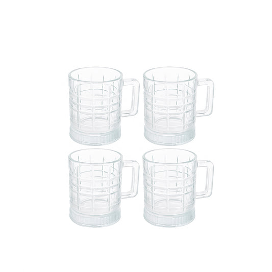 2259 – Glass Tea Mug Set – 4 Pieces – 7cm Diameter – Clear Grid Pattern Design