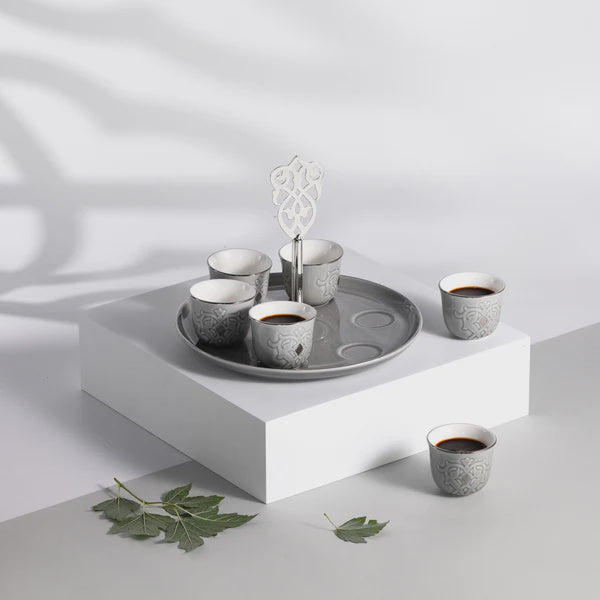 ET2968 Naqsh Cawa Cup Set with Stand & Handle – 7 Pieces – Grey & Silver