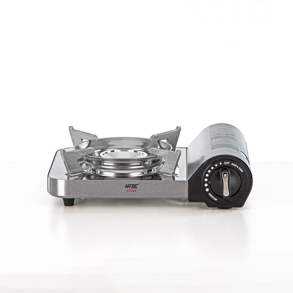 MS-N7M Portable Gas Stove – Deluxe Aluminum – Silver Brush Finish with Magnetic Locking Regulator