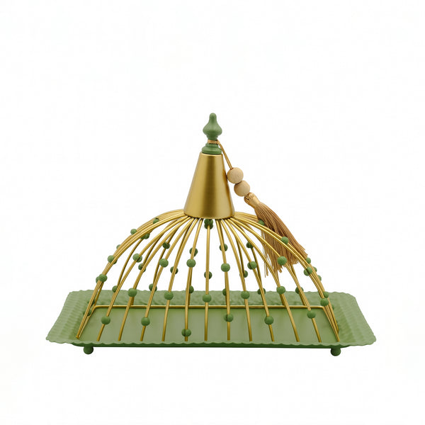 25236-77 – Fruit Tray with Lid – 26cm (W) x 16cm (L) – Green Rectangular Base with Gold Dome