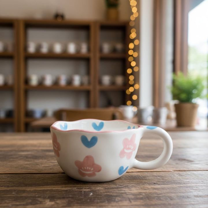 White mug with colorful designs on a wooden table in a cozy room with shelves and lights.