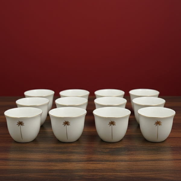 5862G Cawa Cup Set – 12-Piece Elegant White Design with Gold Palm Motif & Rim