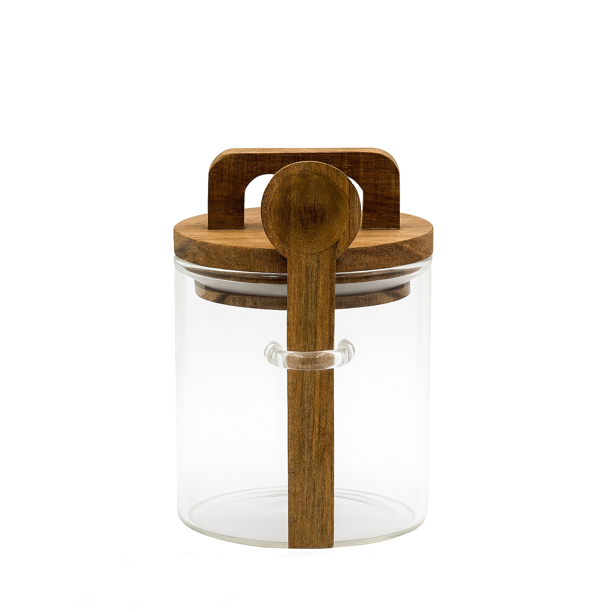 24QXSMTZ – Glass Storage Jar Set – 3 Glass Jars with Wooden Lids, Spoons & Stand