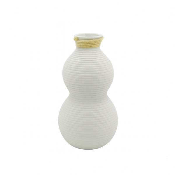 99599-04 Ceramic Flower Vase – Double Gourd Ribbed Design with Rope Accent – White