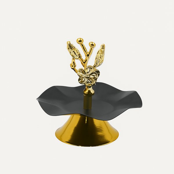 Single Layer Service Plate with Handle – 13cm (H) – Black & Gold