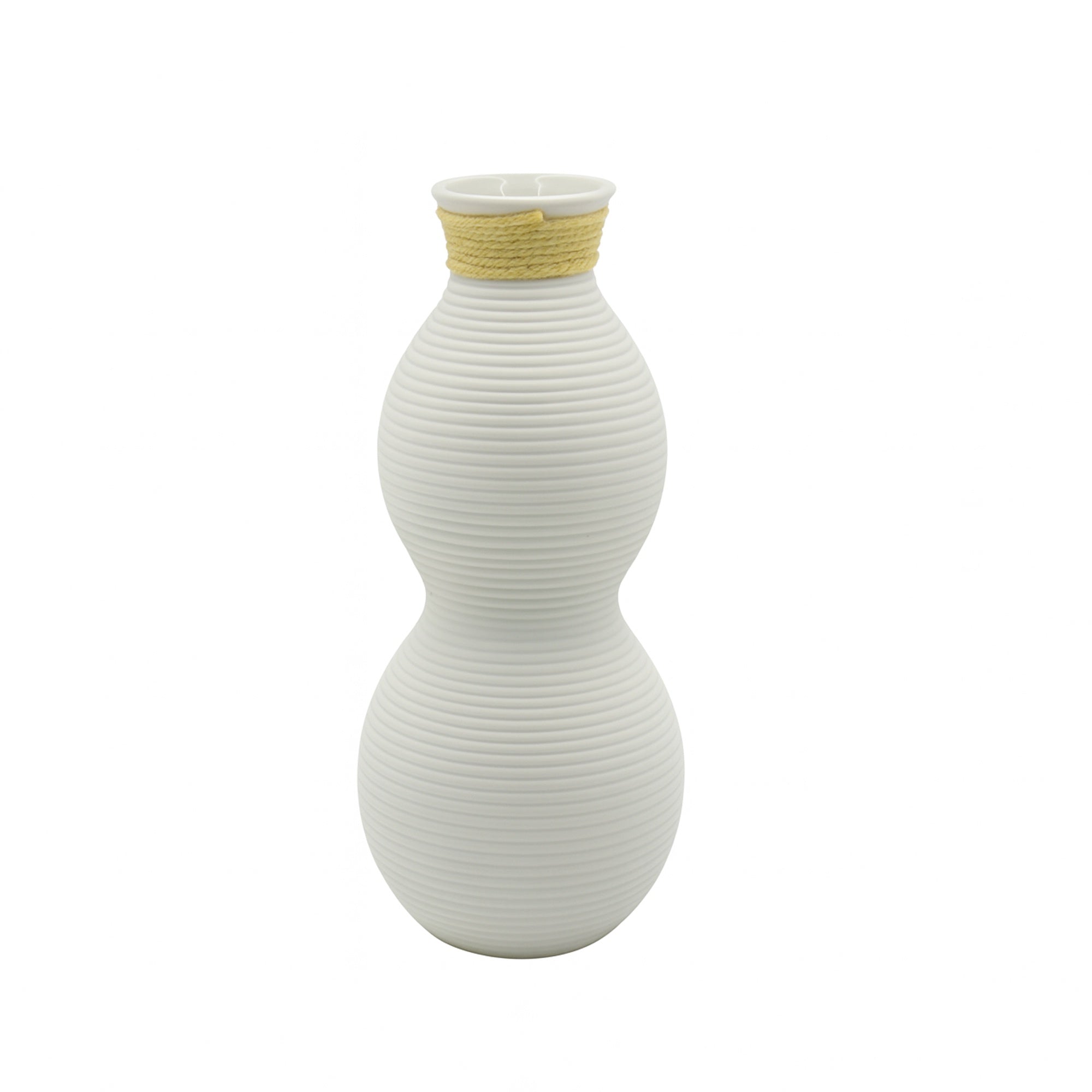 99599-03 Ceramic Flower Vase – Tall Ribbed Gourd Shape with Rope Accent – White