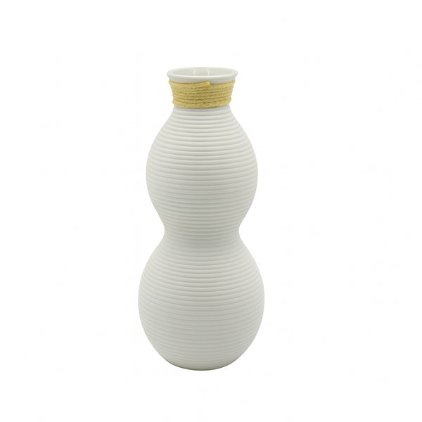 99599-03 Ceramic Flower Vase – Tall Ribbed Gourd Shape with Rope Accent – White