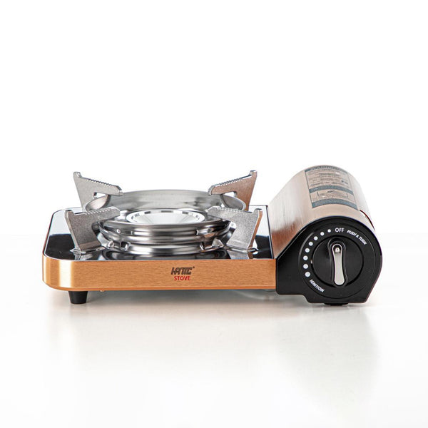 MS-N7M Portable Gas Stove – Deluxe Aluminum – Champagne Brush Finish with Magnetic Locking Regulator