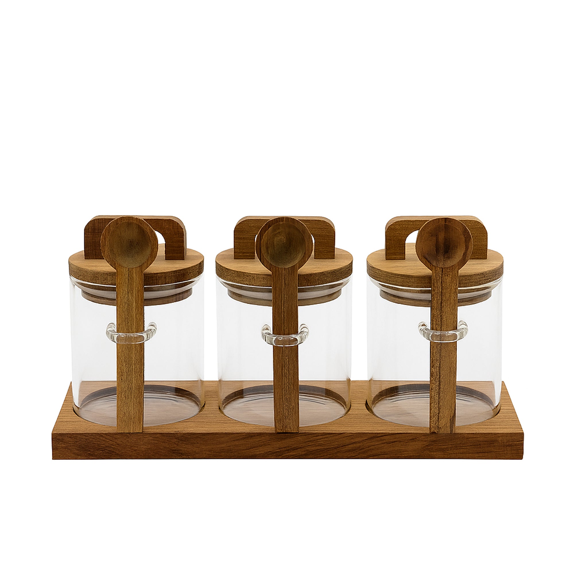 24QXSMTZ – Glass Storage Jar Set – 3 Glass Jars with Wooden Lids, Spoons & Stand