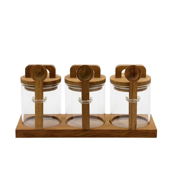 24QXSMTZ – Glass Storage Jar Set – 3 Glass Jars with Wooden Lids, Spoons & Stand
