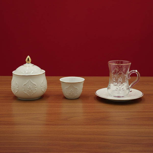 624-20 Rose Tea and Cawa Cup 20-Piece Set – Elegant Ivory Design with Gold Detailing