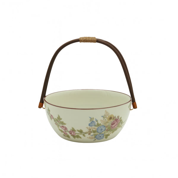 SC4084 Solecasa Basket 8" – Floral Ceramic Bowl with Wooden Handle