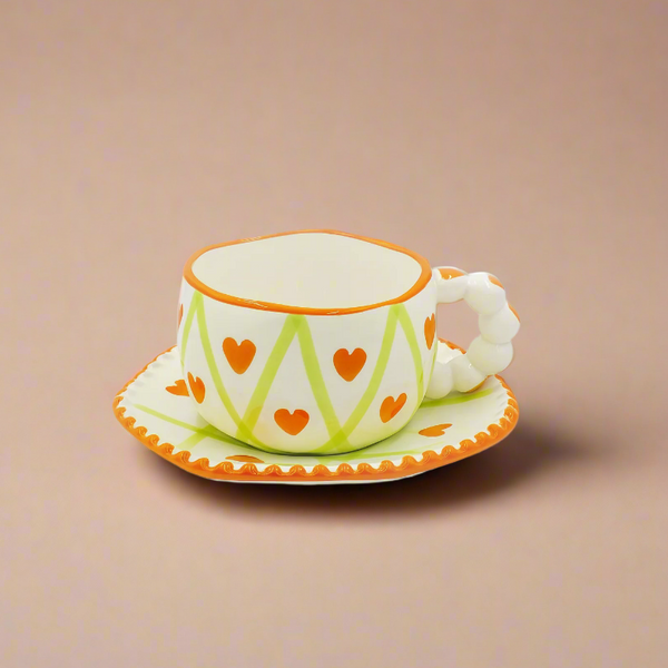 Ceramic Cup & Saucer with Elegant Design   – Beaded Handle & Scalloped Edge 1511-04/99320-07