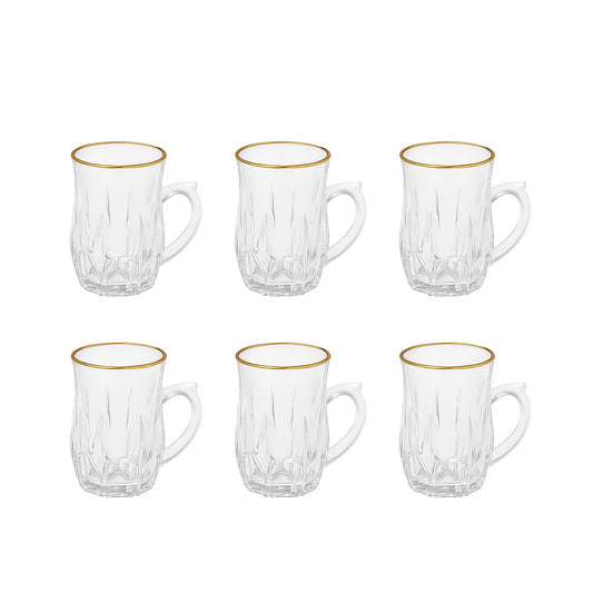 VG295W – Glass Tea Cup – 6-Piece Set – Clear Tea Cups with Handle & Gold Rim