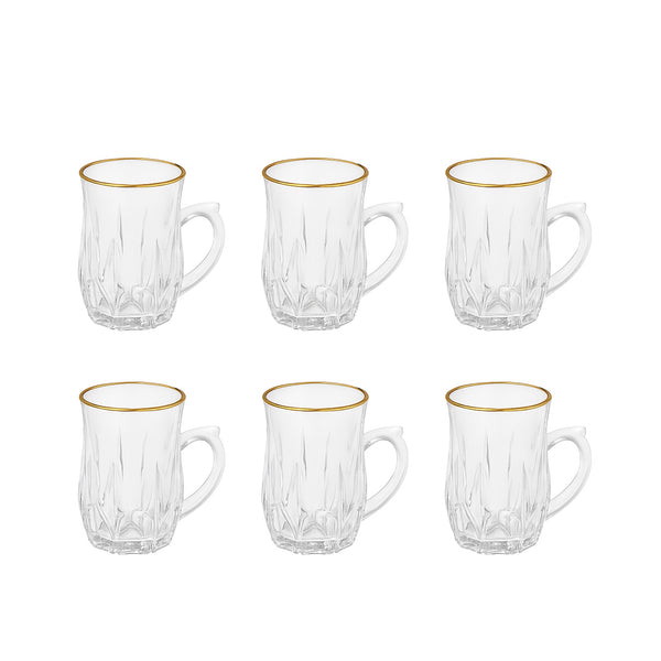 VG295W – Glass Tea Cup – 6-Piece Set – Clear Tea Cups with Handle & Gold Rim