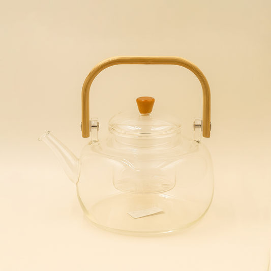 303-16 – Glass Tea Kettle with Bamboo Handle – Clear – Built-in Infuser