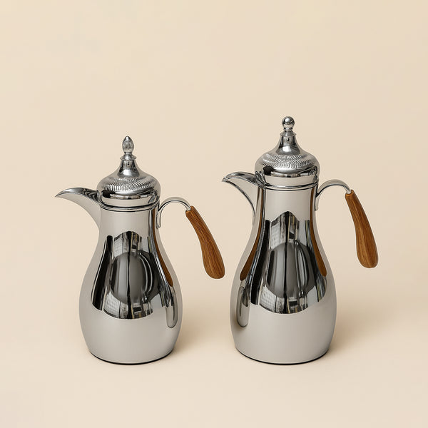 NB5800-E Vacuum Flask Set – 2 Piece – 0.7L & 1.0L – Silver with Wooden Handle