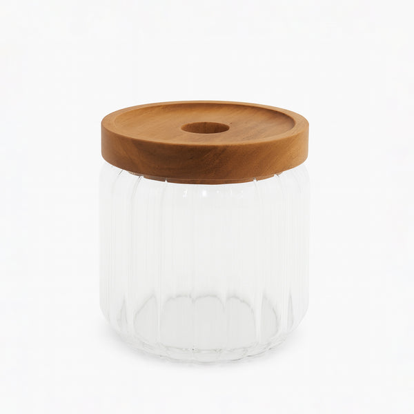 2763 Glass Jar with Wooden Lid – Clear Ribbed Storage Container