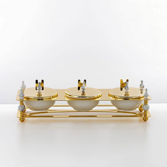 HM4105-G Candy Box 3 Section – Luxurious Gold Finish with Lidded Bowls and Decorative Stand