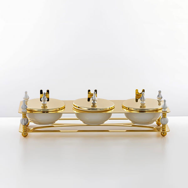 HM4105-G Candy Box 3 Section – Luxurious Gold Finish with Lidded Bowls and Decorative Stand