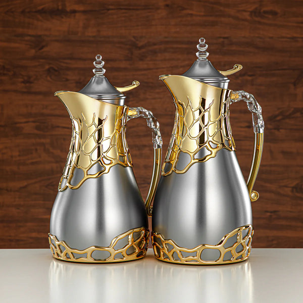 VBC Vacuum Flask 2-Piece Set – Matt Silver with Gold Finish – 0.7L & 1L – Elegant Insulated Hot & Cold Beverage Container