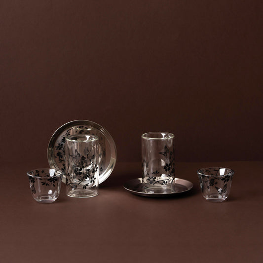 GT1118 Tea & Cawa Cup Set – 18-Piece – Elegant Clear Glass Design with Black Floral & Butterfly Motif for Arabic Serving