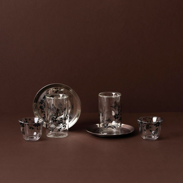 GT1118 Tea & Cawa Cup Set – 18-Piece – Elegant Clear Glass Design with Black Floral & Butterfly Motif for Arabic Serving