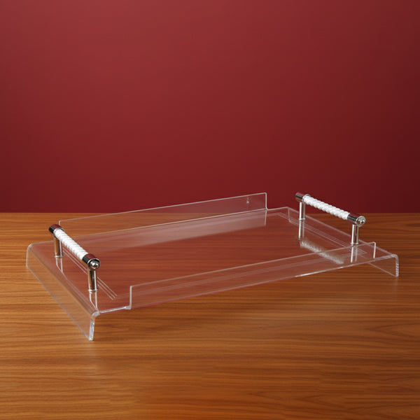 AT-31043 Acrylic Serving Tray – 40 cm (W) × 27 cm (L) – Clear Design with White Handles