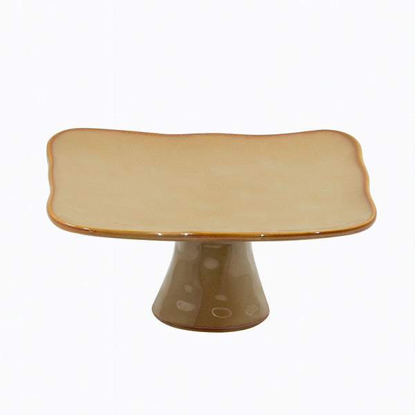 SC3684 Porcelain Cake Plate – 5.5" Square Pedestal Stand in Glossy Beige Finish