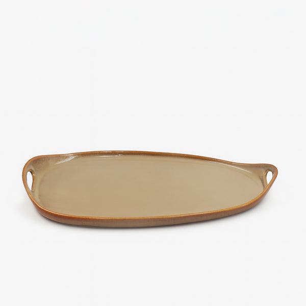 SC3685 Porcelain Plate – 15" Oval Serving Platter with Handles in Glossy Beige Finish
