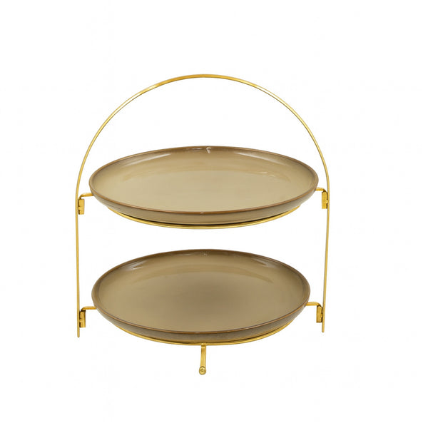 SC3695 Porcelain Round Plate 2-Tier Stand – 10" Elegant Gold Frame Display